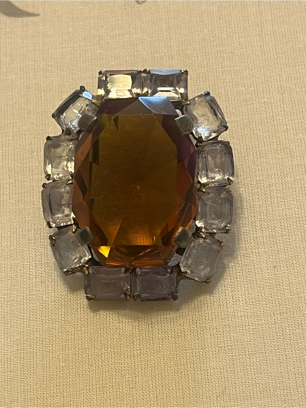 Amber Glass Statement Brooch with Clear Crystal Halo